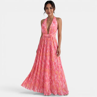 Long Pink Pleated Halter Dress