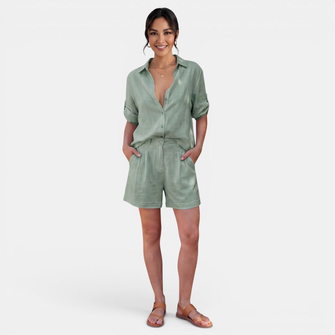 Conjunto Mujer Camisa Lino Algodón Manga Media