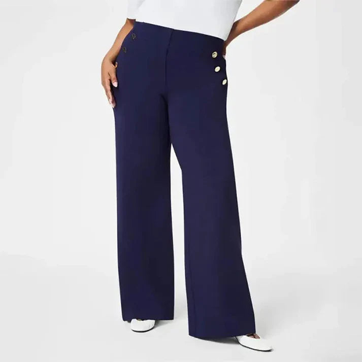 Mónica - Pantalón elástico de tiro alto y botones dorados