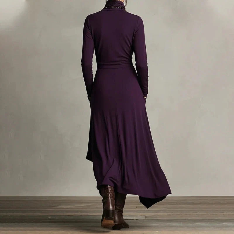 Elena - Vestido maxi elegante con cuello alto y drapeado asimétrico