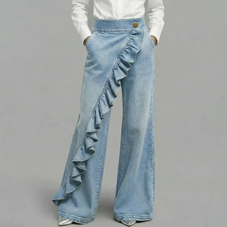 Violeta - Pantalones vaqueros asimétricos con volante y pierna ancha