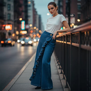 Violeta - Pantalones vaqueros asimétricos con volante y pierna ancha