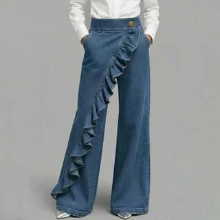 Violeta - Pantalones vaqueros asimétricos con volante y pierna ancha