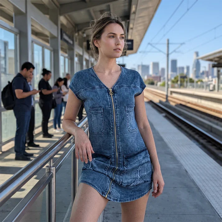 Pilar - Vestido casual de manga corta con cremallera